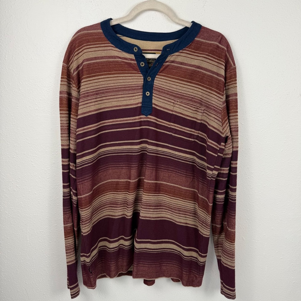 Obey Mens Long Sleeve Henley‎ Shirt Striped Burgundy Tan Large Pocket Tee
